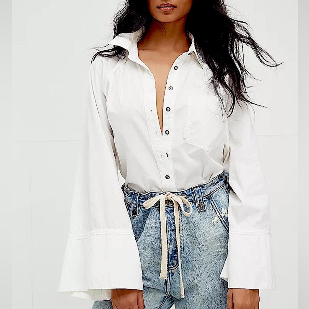 Free People We The Free Bell Sleeved Milano White Top, NEW